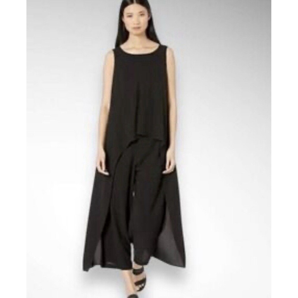 NWT $598 Eileen Fisher Black Silk Georgette Crepe Bateau Neck Jumpsuit Size Xxs*